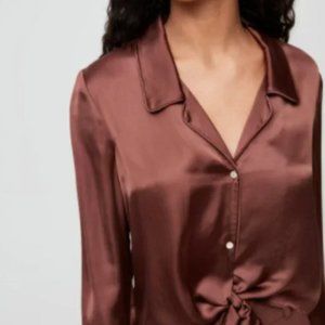 WILFRED ARITZIA Brown Tie-Front Satin Blouse